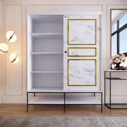 Vaatekaappi liukuovilla Linento Furniture Martin, 150cm, valkoinen marmori/kulta