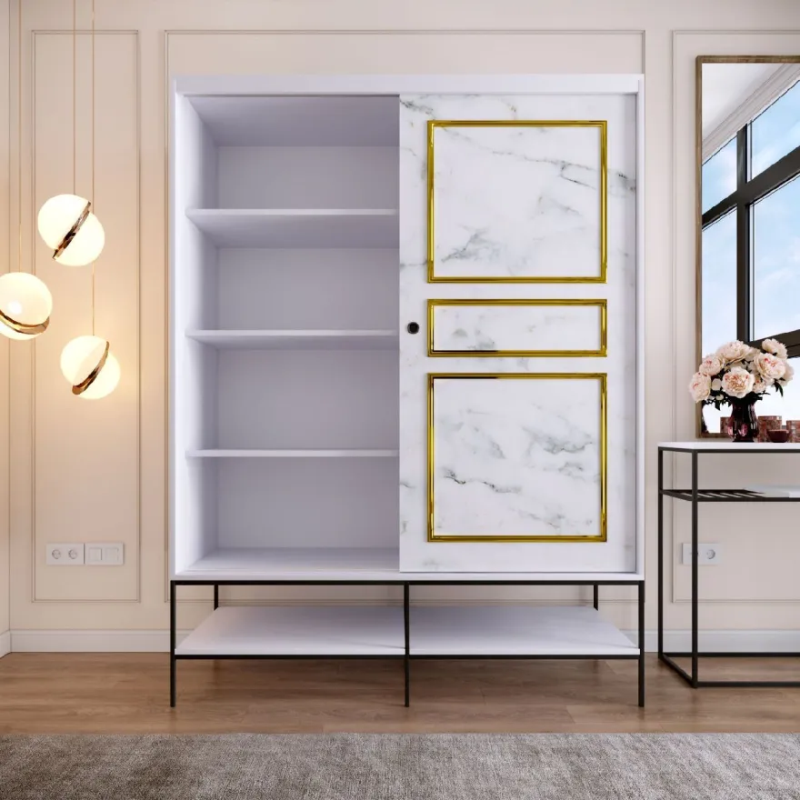 Vaatekaappi liukuovilla Linento Furniture Martin, 150cm, valkoinen marmori/kulta
