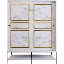Vaatekaappi liukuovilla Linento Furniture Martin, 150cm, valkoinen marmori/kulta