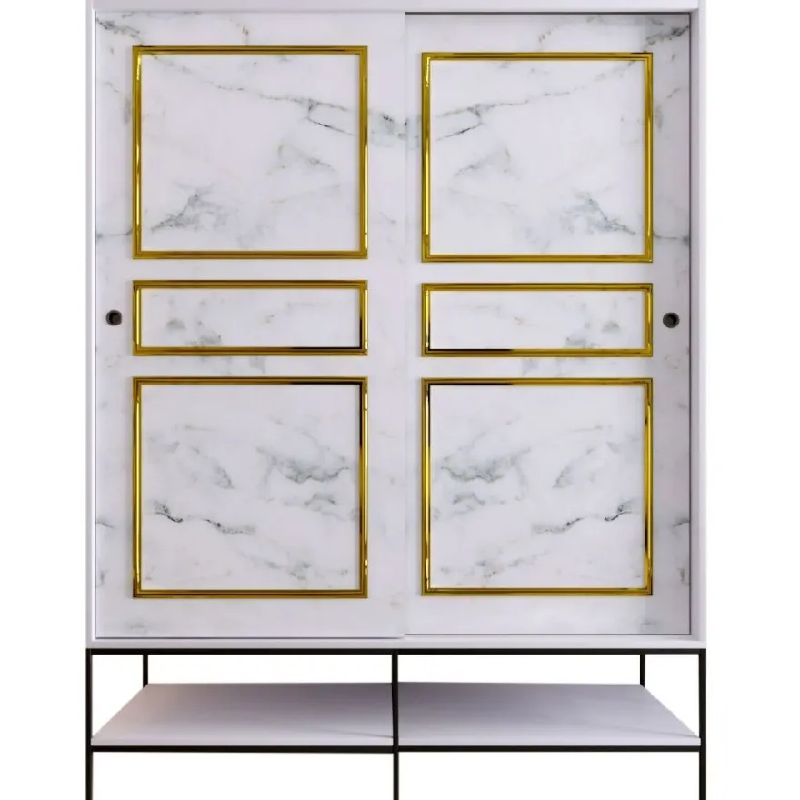 Vaatekaappi liukuovilla Linento Furniture Martin, 150cm, valkoinen marmori/kulta