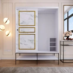 Vaatekaappi liukuovilla Linento Furniture Martin, 150cm, valkoinen marmori/kulta