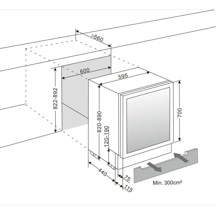Viinikaappi mQuvée WineCave 60D WCD60M-700, 59.5cm, 2 lämpötila-aluetta, integroitava, musta,teräs
